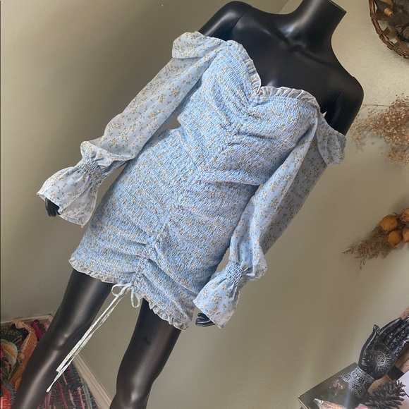 Hey Babe Light Blue Floral Sheer Sleeve Ruched Tie Dress - Picture 3 of 17